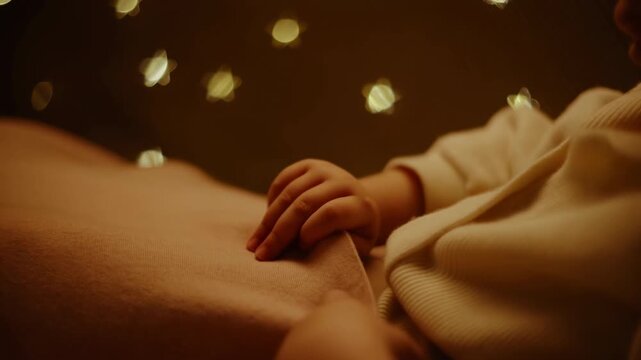 peaceful baby sleeping in dark room with glowing lights, wrapped in soft cloth blanket, serene and calm scene for baby products and parenting content, close-up view of infant's peaceful slp.