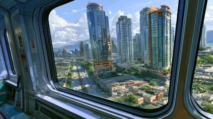 Fototapeta premium Stunning urban view from train window, featuring modern skyscrapers, vibrant cityscape, and clear skies reflecting in the glass