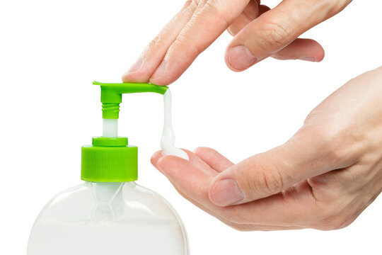 Hands pressing liquid soap dispenser into open palm, isolated on transparent cutout background