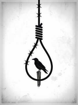Black crow resting inside hanging noose made of thick rope and sharp barbed wire on textured grunge background
