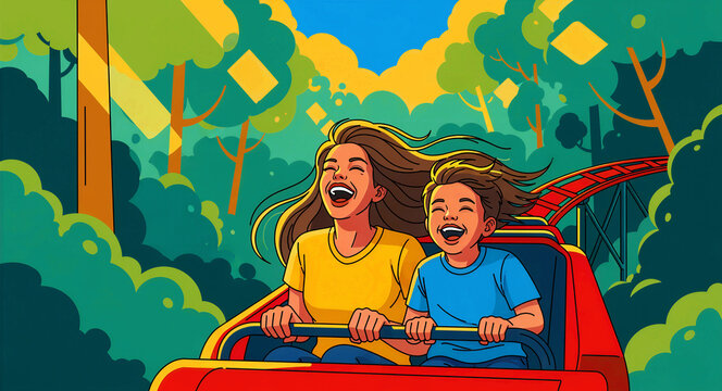 Happy woman and boy laughing on a roller coaster ride. Mother and son enjoying a thrilling day at an amusement park. Family bonding concept, ideal for summer vacation and leisure travel marketing.