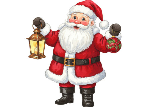 whimsical watercolor illustration of jolly santa claus holding a glowing brass lantern and detailed holly ornament, against a transparent background, concept of traditional christmas holiday spirit