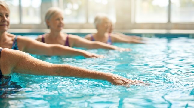 Active mature women participating in an aqua gym fitness class in a swimming pool.