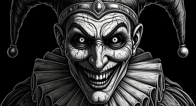 Sinister jester clown with a terrifying grin and glowing eyes. Detailed black and white horror illustration in a woodcut style. Scary circus theme ideal for Halloween and edgy graphic design.