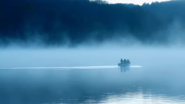 Small silhouetted boat with four people glides across misty blue lake at sunrise, leaving faint wake beside forest shoreline, with calm reflections and soft atmospheric haze