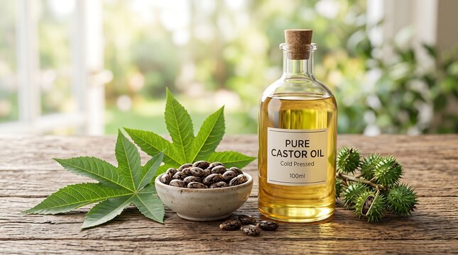 Bottle of pure castor oil with castor seeds and green leaves on rustic wooden table background