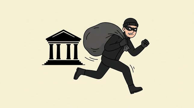Cartoon thief with black mask running away from bank building with full money bag illustration