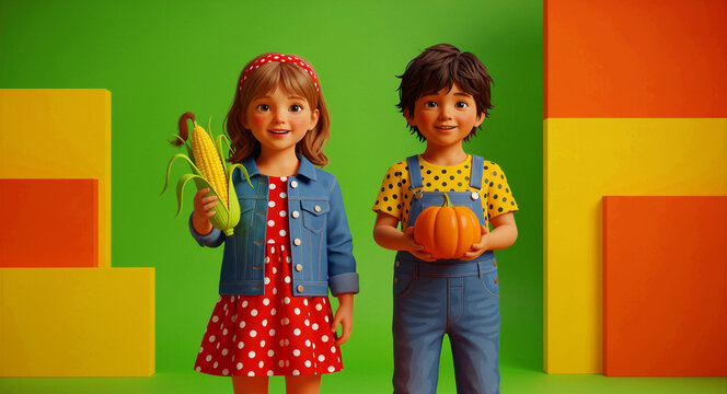 3D cartoon boy and girl holding a pumpkin and corn in front of a colorful background. Children dressed in fall clothes for a harvest theme. Seasonal holiday concept for educational and marketing use.