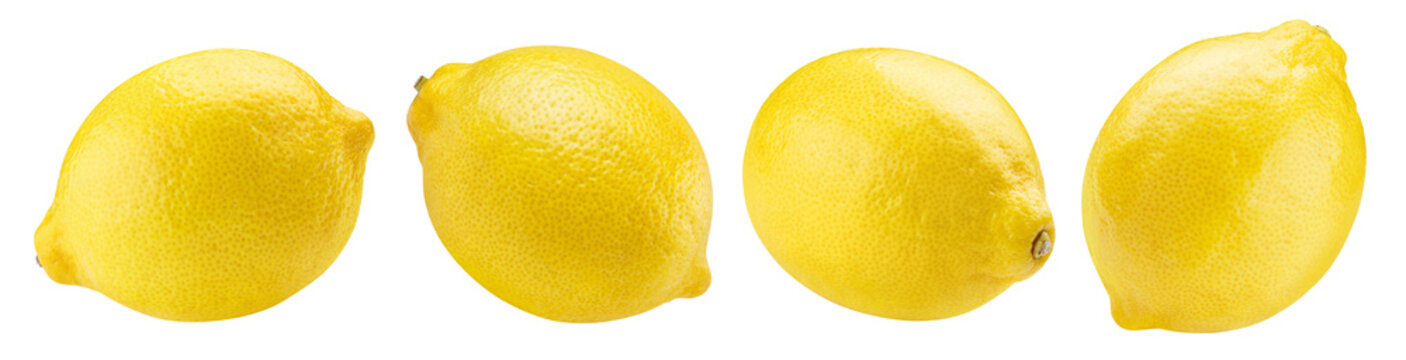 Set of four whole lemons shown from different angles, isolated on transparent cutout background