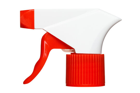 Red and white spray bottle trigger head, isolated on transparent cutout background