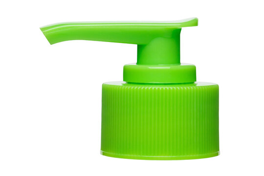 Green plastic lotion pump dispenser head, isolated on transparent cutout background