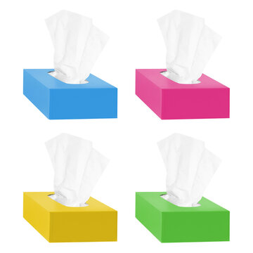 Set of four colorful tissue boxes with white tissues, isolated on transparent cutout background