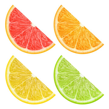 Set of grapefruit, orange, lemon and lime wedges, isolated on transparent cutout background