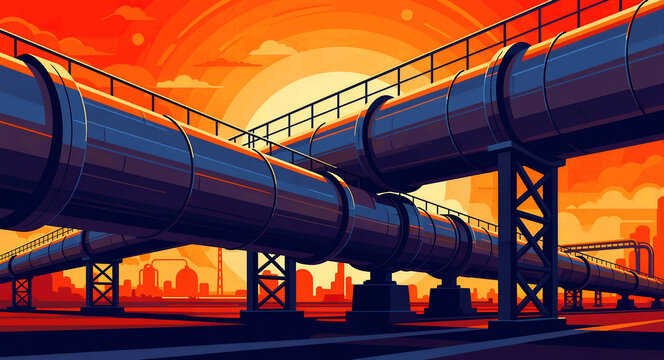 Industrial pipelines crossing during a vibrant orange sunset. Metal structures supporting large pipes against a factory silhouette. Energy infrastructure concept for fuel transport and utility.