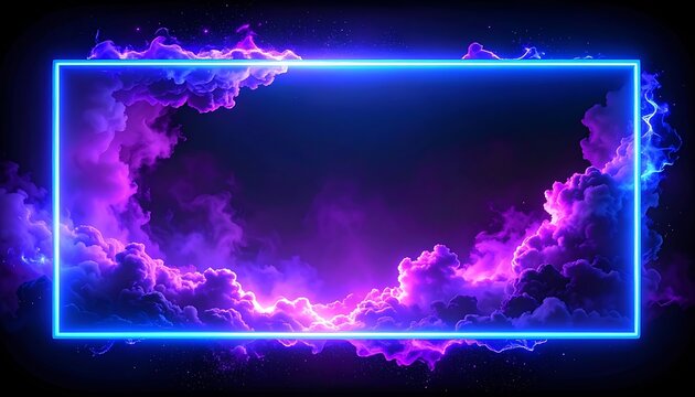 Glowing neon rectangle frame surrounding colorful cosmic clouds and stars, abstract space background