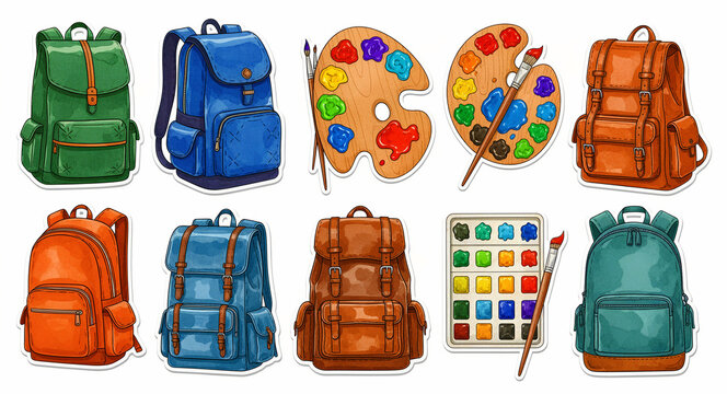 Collection of colorful school backpacks and art supply stickers. Watercolor illustrations featuring various rucksacks, paint palettes, and brushes. Education and creativity design elements.
