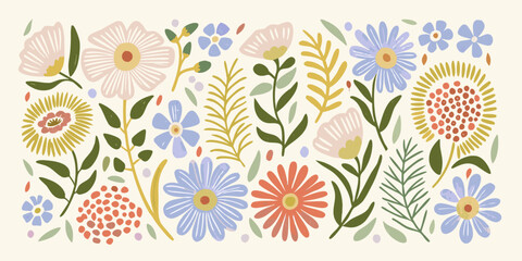 Floral Ornament With Rounded Petals And Green Foliage Vector Illustration © Etika