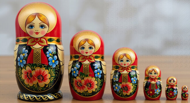 Russian nesting dolls beautifully arranged with vibrant colors and floral patterns