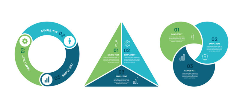 Infographic Circle Diagram set, circular chart template three steps. cycle venn diagram 3 option set for business presentation, vector illustration.