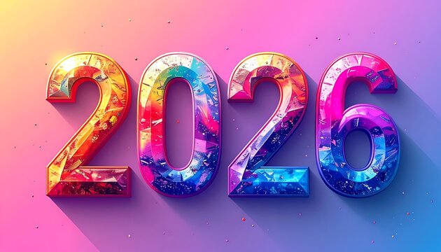 Glossy 3d numbers 2026 in vibrant rainbow colors, sparkling, with soft shadow on pink gradient background, new year celebration concept