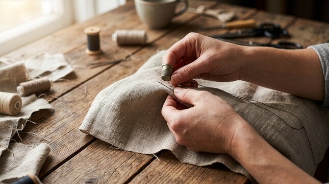 Close up of hands using a needle and thimble to hand stitch natural linen fabric on a rustic wooden table with sewing supplies scattered around