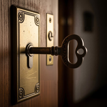Vintage key unlocking a brass door lock in a dimly lit setting