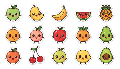 Obraz premium Fruits organized into a grid layout showcase a variety of smiling cartoon produce for creative design projects.