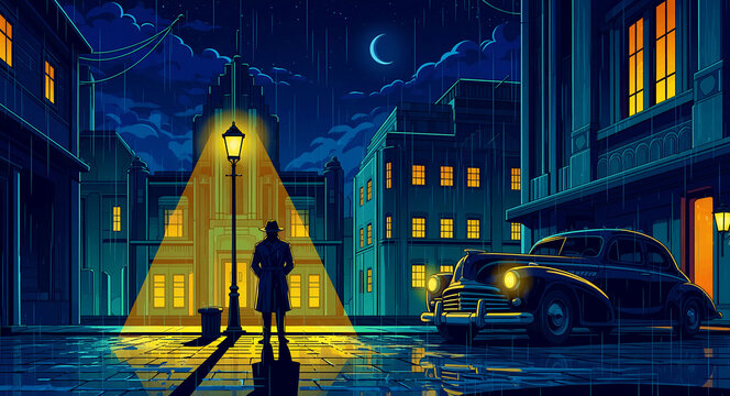 Detective in a trench coat under a streetlamp on a rainy city street. Vintage car parked on wet cobblestones near glowing buildings. Noir style illustration for mystery novels and crime concepts.