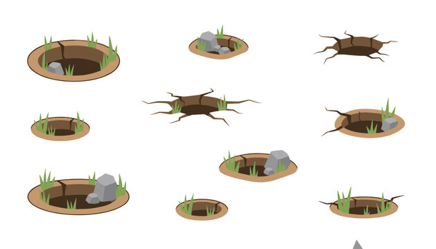 Grid of various ground crack holes and pit diggings decorated with tiny green grass tufts and grey stones.