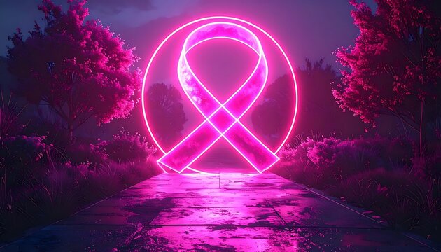 Glowing pink ribbon symbol in a neon circle, set against a surreal, dark forest path at twilight, representing awareness and hope