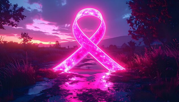 glowing pink ribbon symbol of hope and awareness, glowing in a mystical forest at sunset, hope and support