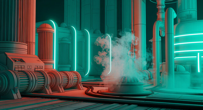 Futuristic industrial complex with glowing neon lights and steam. Stylized wireframe rendering of heavy machinery and energy generators. Cyberpunk factory concept for sci-fi tech marketing.
