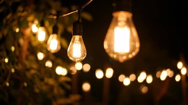 Close-up of glowing Edison bulbs strung together at night.