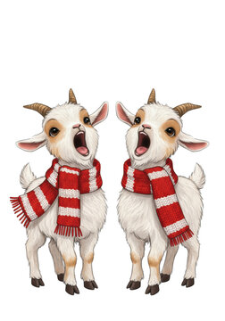 two highly stylized, adorable baby goats wearing chunky knit red and white scarves, standing side-by-side, singing carols on a transparent background. Humorous christmas greeting card concept