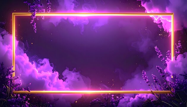 Glow rectangle frame with purple clouds and lavender elements, abstract digital background with bokeh lights