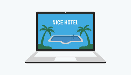 Fototapeta premium Laptop computer displaying a travel booking website with a hotel swimming pool and tropical palm trees.