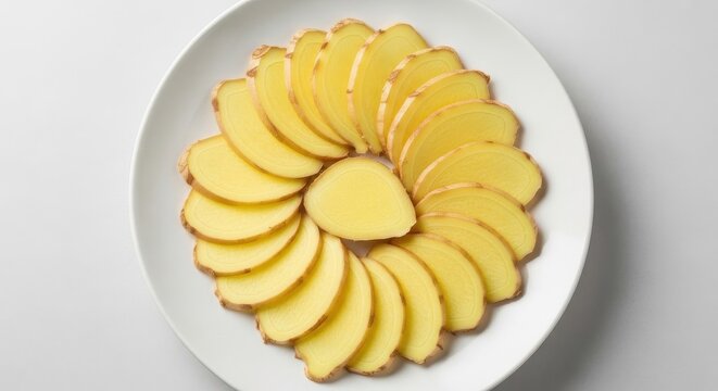 Thinly Sliced Fresh Ginger Root Arranged on a Plate