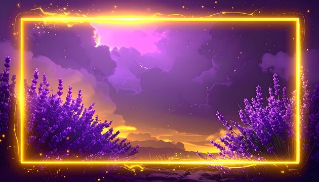 Golden neon frame borders a dreamlike lavender field at sunset, glowing sparks and purple clouds, mystical atmosphere