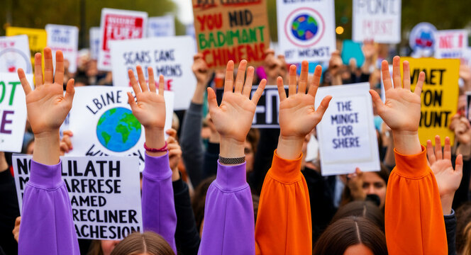 Diverse group of people raising hands during an outdoor public demonstration. Activists holding signs and placards advocating for environmental protection. Climate action and social justice concept.