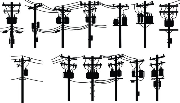 Electrical Utility Pole Silhouette Set Featuring Power Distribution Transformers, Overhead Lines and Electric Grid Infrastructure Vector Collection Illustration
