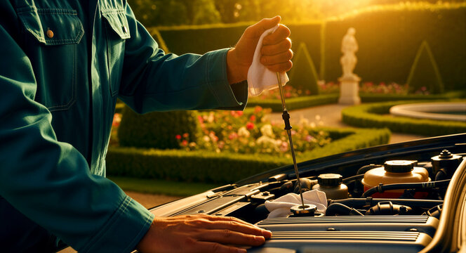 Mechanic checking car engine oil level with dipstick in a formal garden. Professional worker in blue uniform performing vehicle maintenance. Automotive service and luxury car care concept.