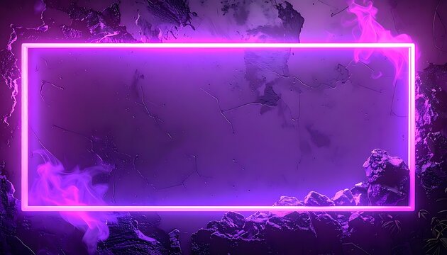 glowing neon rectangle frame, abstract purple and pink background, digital smoke and particles, futuristic design