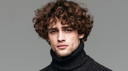 Obraz premium Young man with curly hair wearing dark turtleneck sweater against neutral background showcasing stylish fashion choice and intense expression, studio portrait