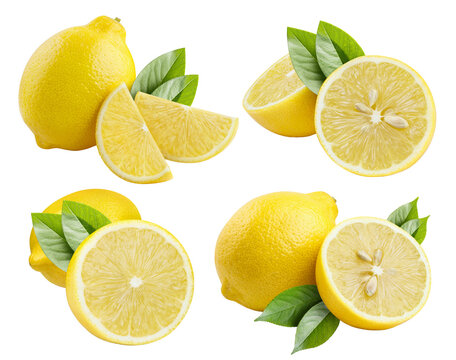 Set of fresh whole and sliced lemons with green leaves, isolated on transparent cutout background