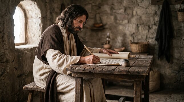 Ultra realistic biblical illustration of Jesus writing on an ancient scroll inside a peaceful first-century stone home, symbolizing wisdom, scripture and Christian faith.