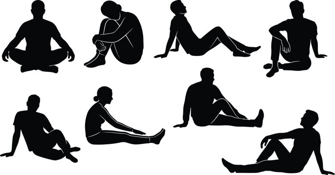 People Sitting Silhouette Collection Featuring Seated Men and Women, Human Pose Set, Isolated Black Figure Vector Illustration