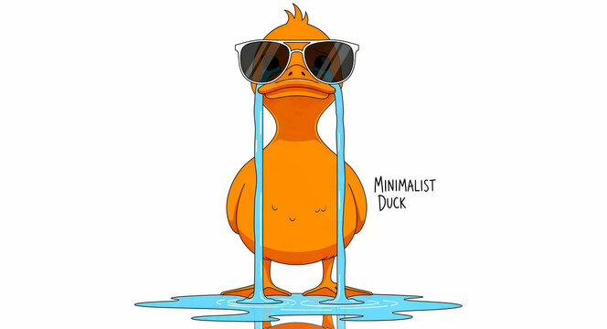 Sad orange duckling wearing sunglasses crying profusely. Cartoon bird illustration with blue tears and a puddle. Emotional mental health concept for expressive social media and digital content.