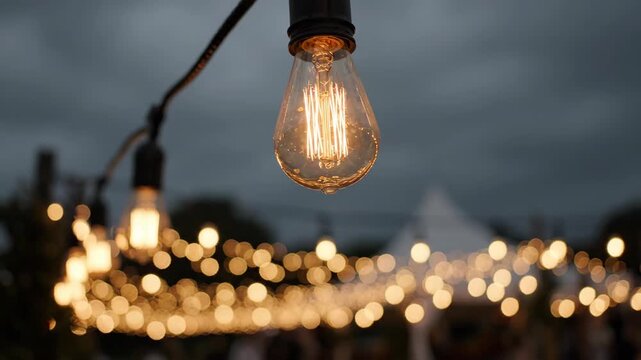 Close-up of vintage Edison bulb string lights at dusk.