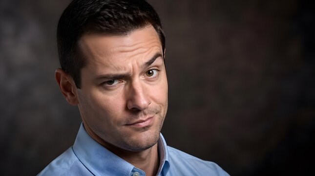 Portrait of a handsome man looking skeptical with a raised eyebrow.