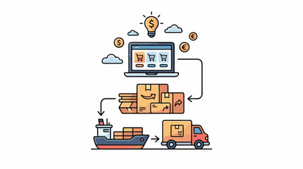 Naklejka premium E-commerce workflow online sales to delivery truck